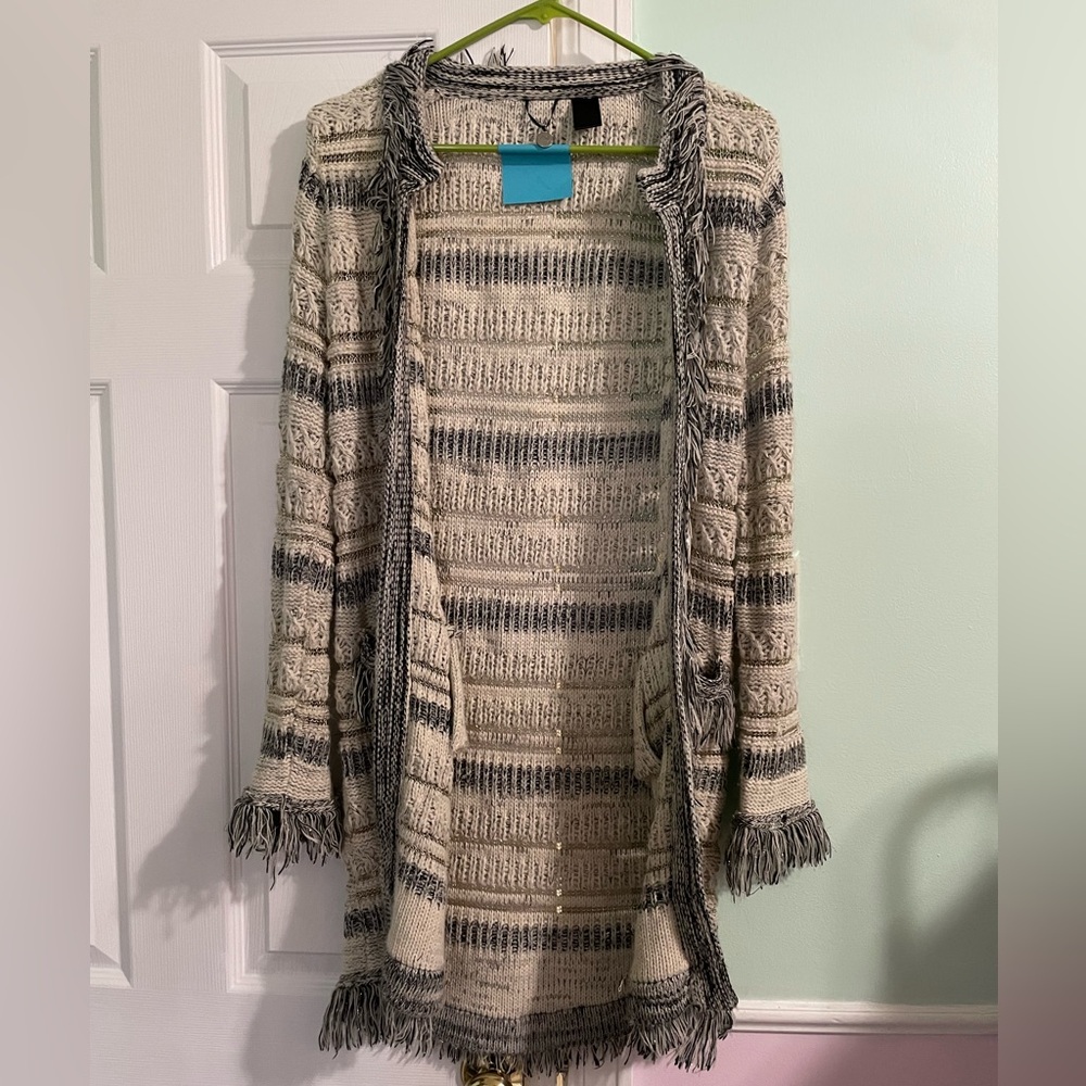 BKE fringe cardigan silver threading